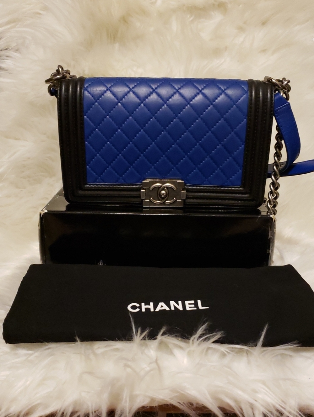 CHANEL Quilted Boy Crossbody in Blue and Black
